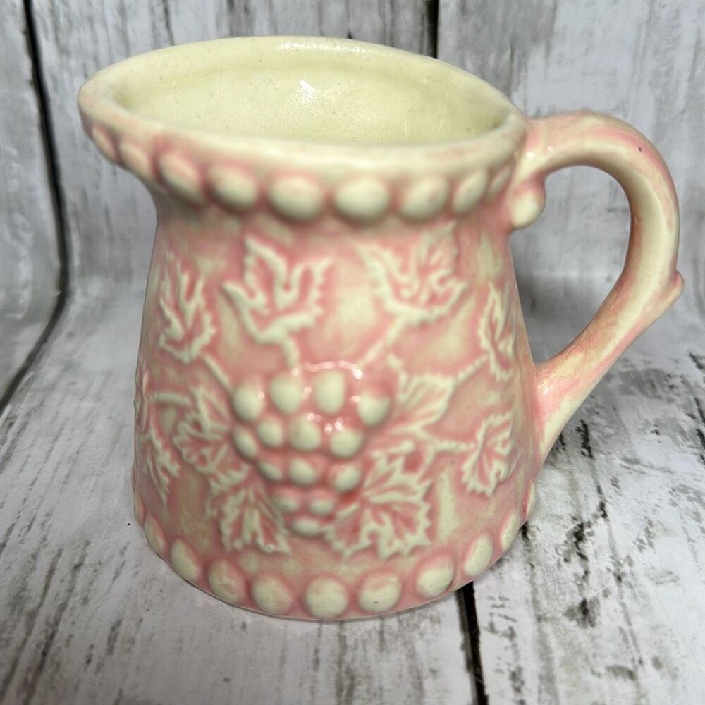 Vintage Pink Creamer Porcelain Measuring‎ Cup Embossed Grapes 70s